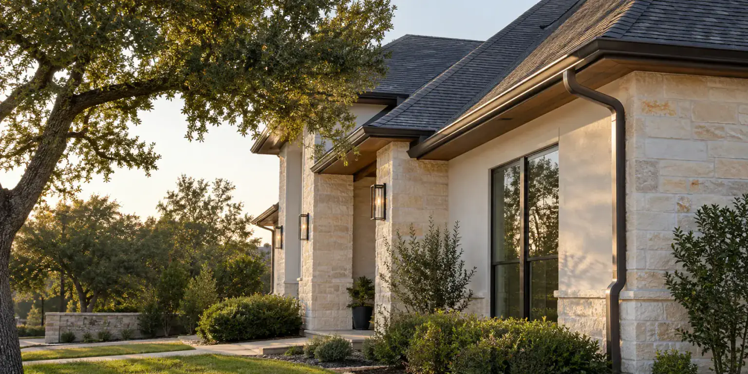 Limestone Austin home with dark seamless gutters and downspouts along the roofline
